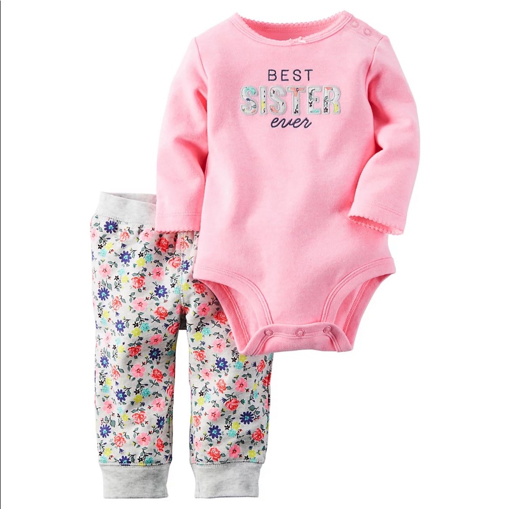 NWT Baby Girl Carter’s “Best Sister Ever” Bodysuit and Floral Jogger Pants Set